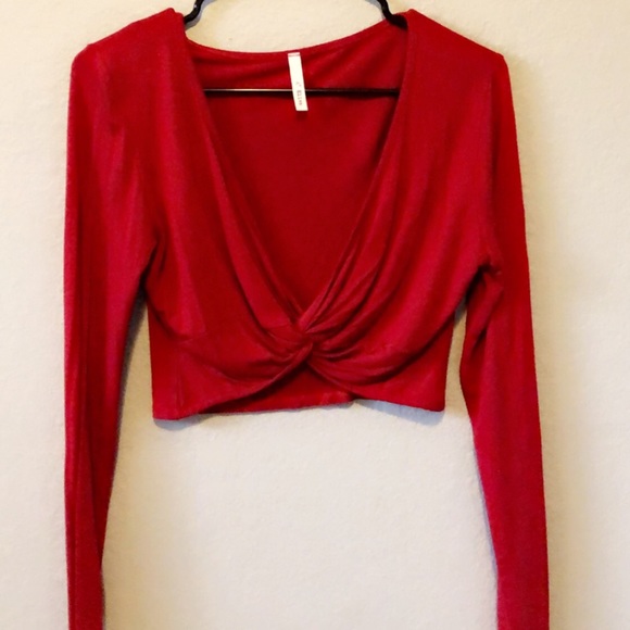 Red Long Sleeve Crop Top - Picture 2 of 2